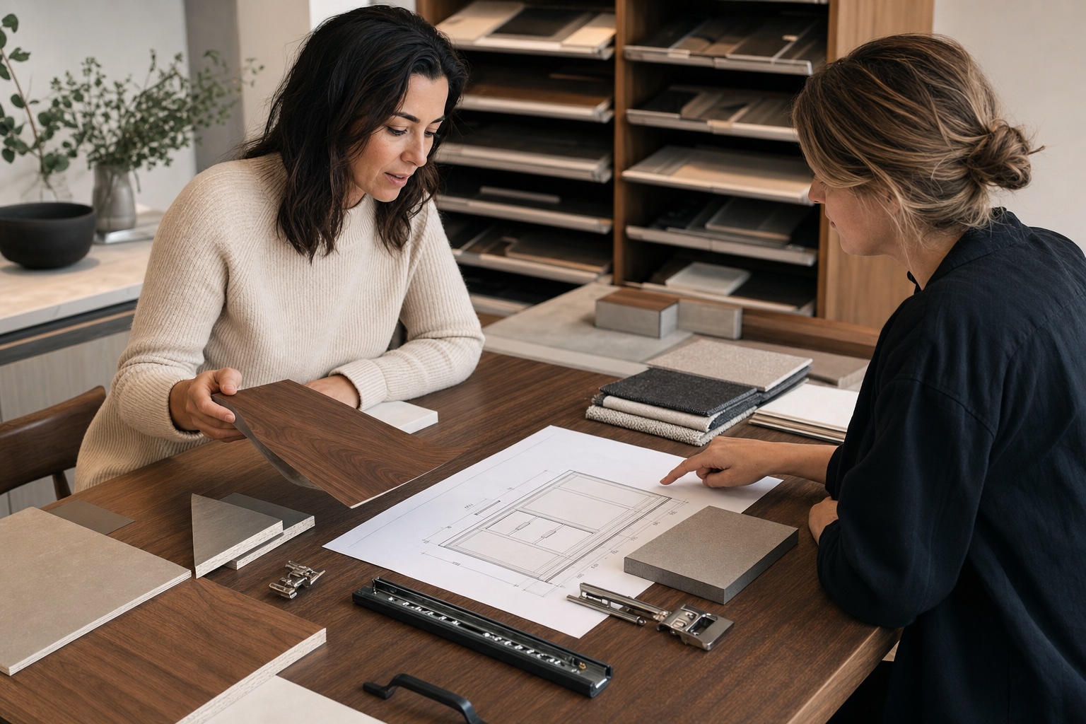 Designer and production specialist comparing walnut veneer, cabinet boards, hardware and technical drawings