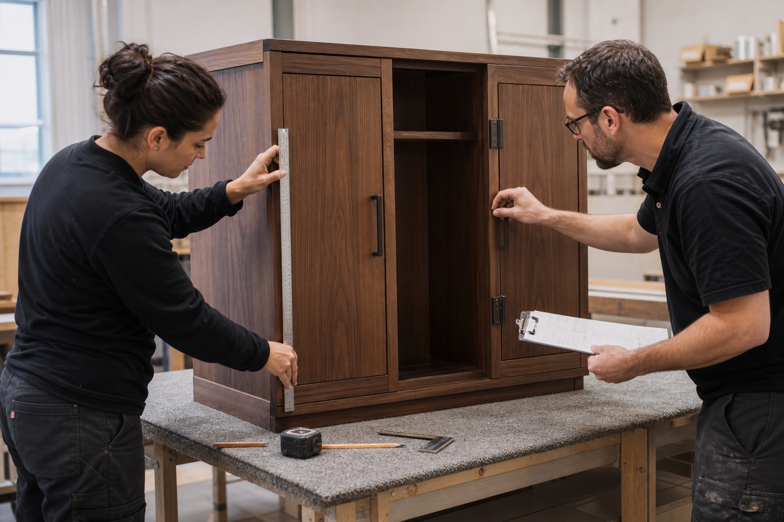 Production specialists checking the alignment, dimensions and hardware of a finished walnut cabinet