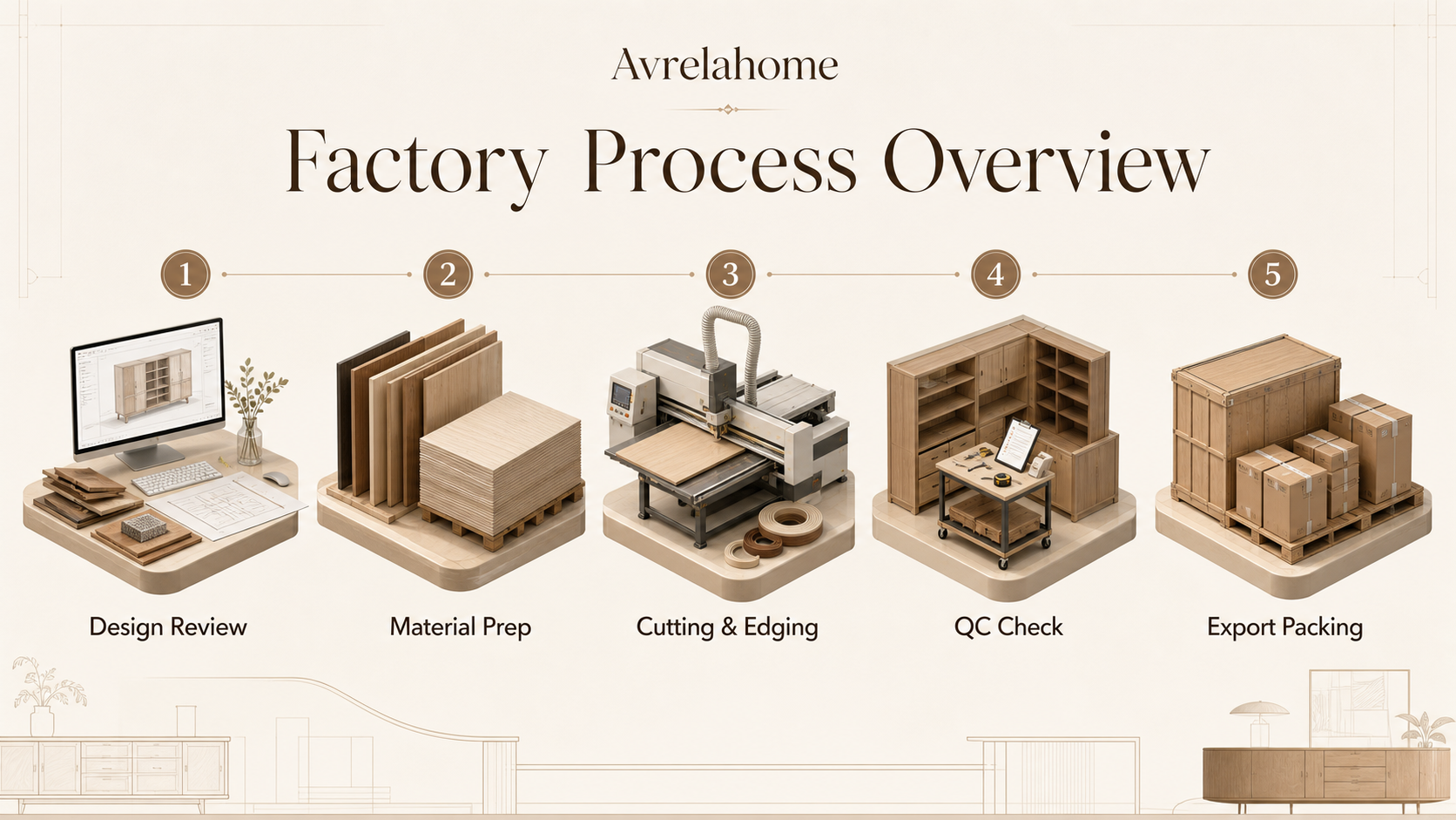 Illustrative Avrelahome factory process overview showing design review, material prep, cutting and edging, QC check and export packing