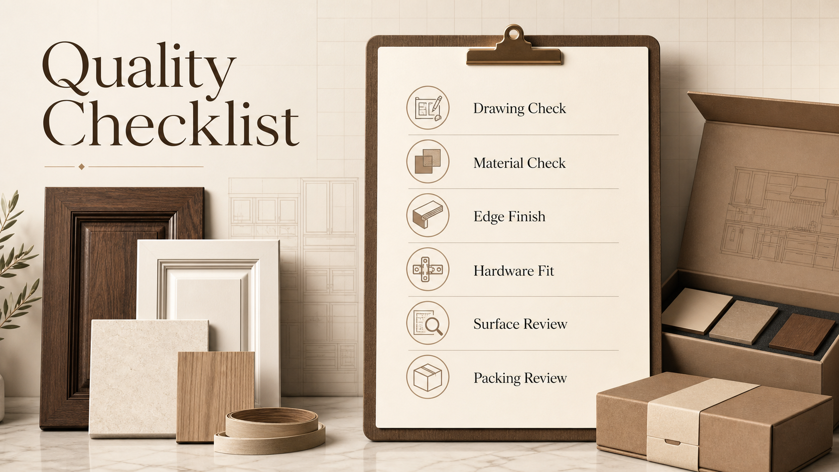 Illustrative Avrelahome quality checklist showing drawing check, material check, edge finish, hardware fit, surface review and packing review