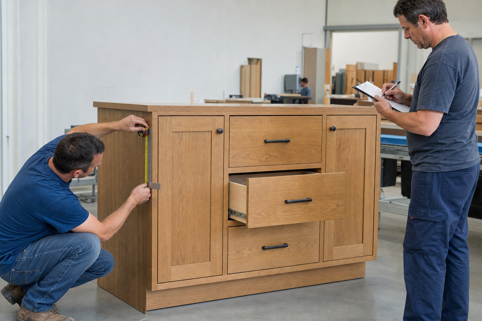 Furniture workshop inspectors checking dimensions, door alignment, drawer operation, and hardware on a finished oak cabinet