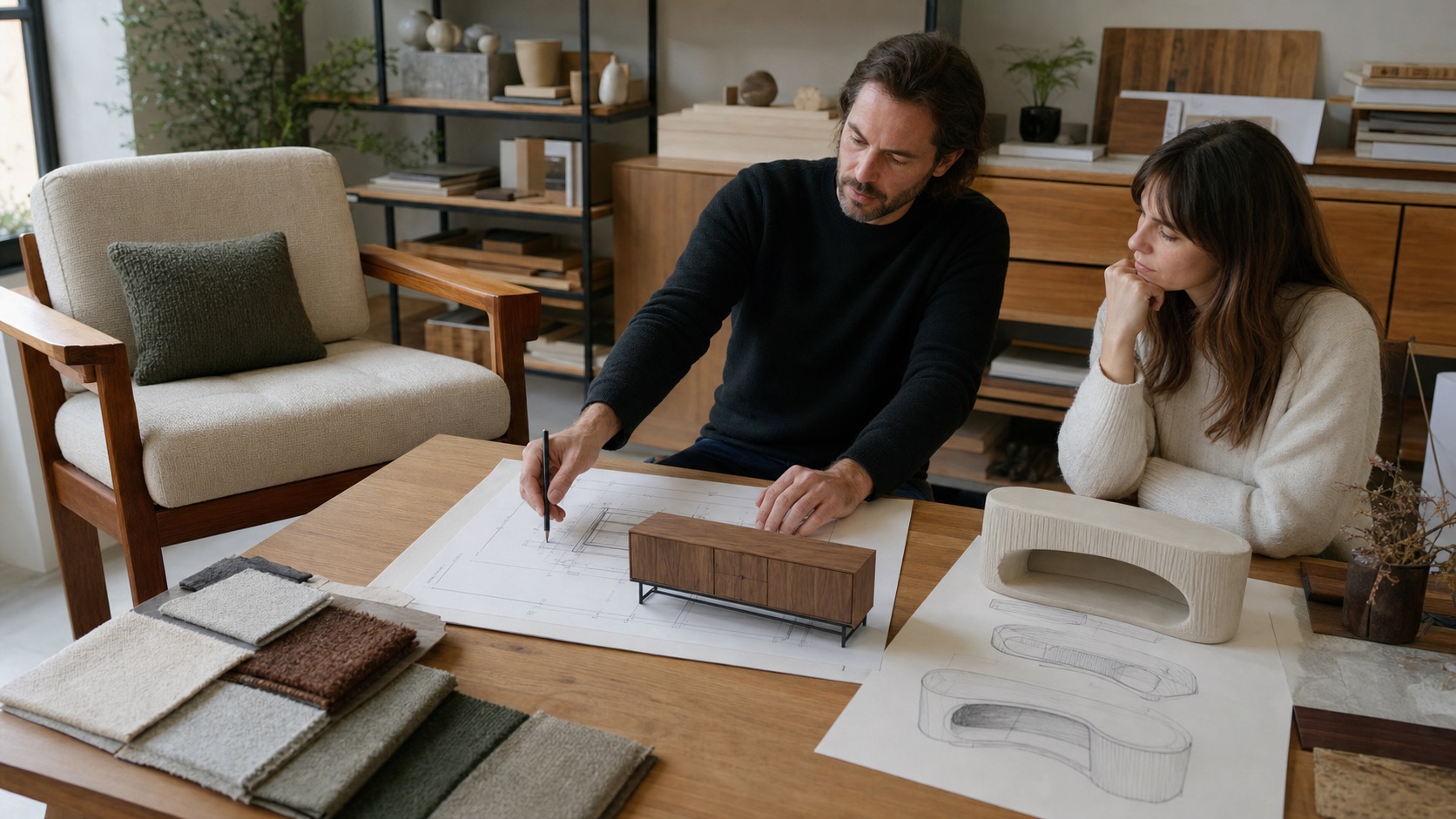 Designer and homeowner comparing an existing chair, adjusted cabinet drawings and an original furniture concept model