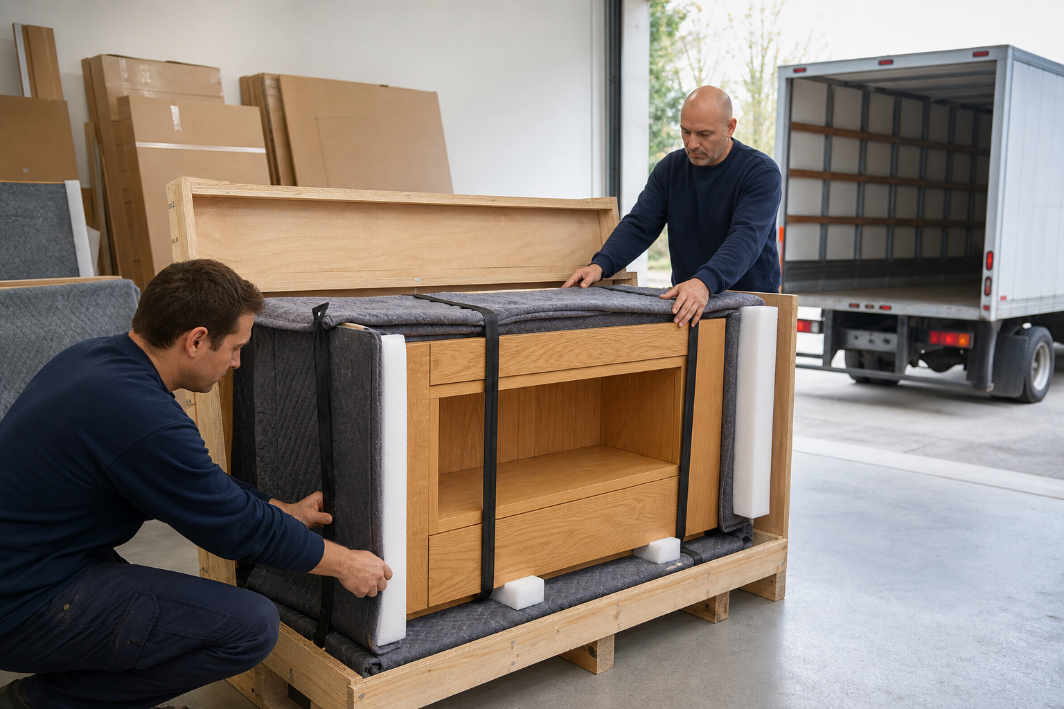 Workers protecting an oak cabinet module with blankets, corner foam, straps, and a wood crate before delivery