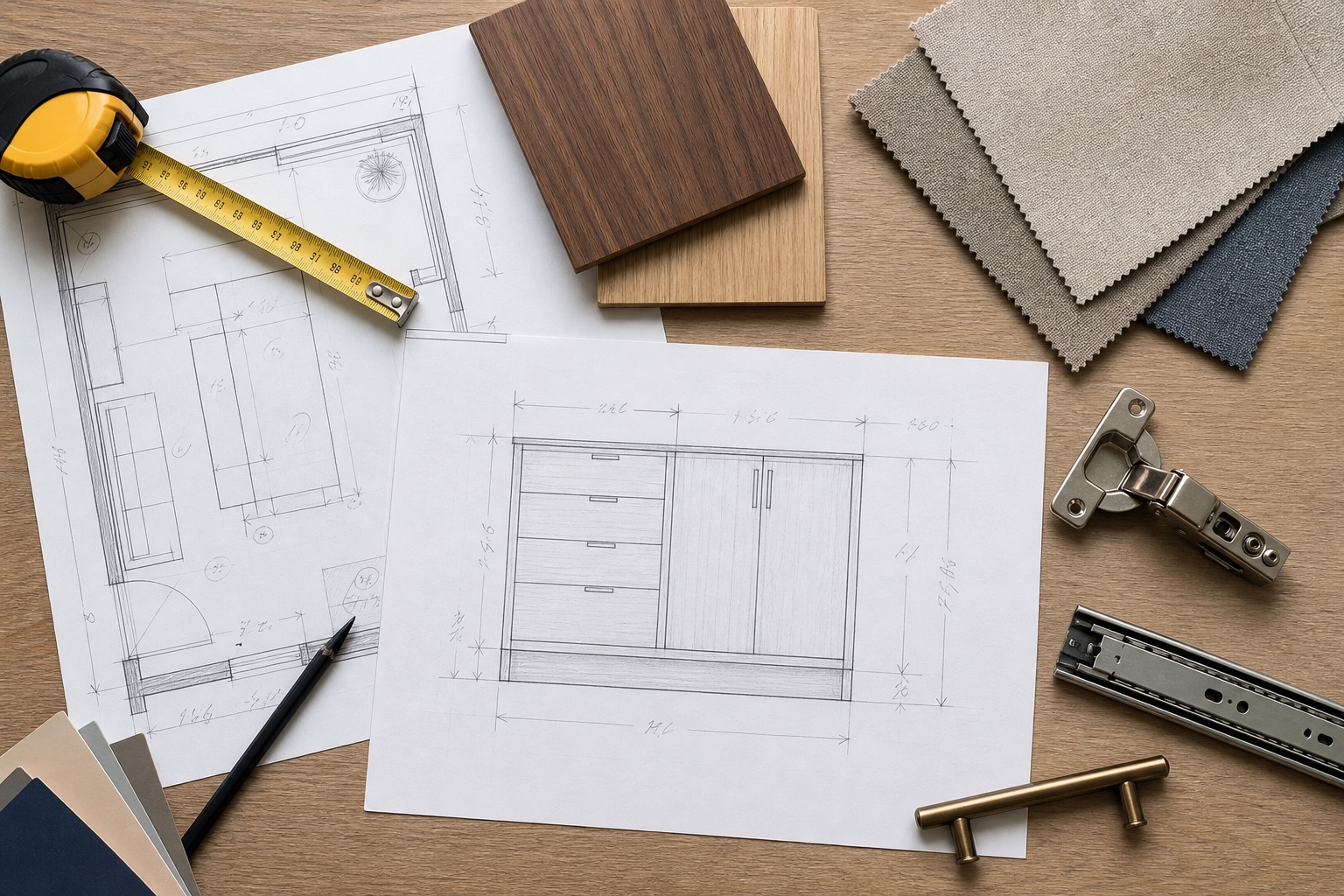Cabinet elevation drawings with a tape measure, wood samples, upholstery swatches, hinge, drawer slide and handle