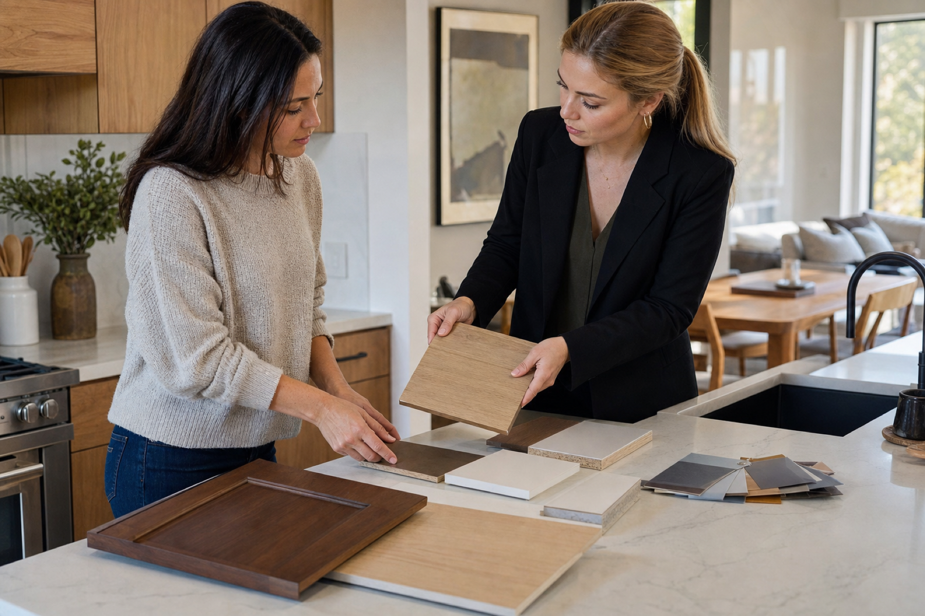 Homeowner and interior designer comparing wood, veneered panel, painted board, and finish samples in an American kitchen