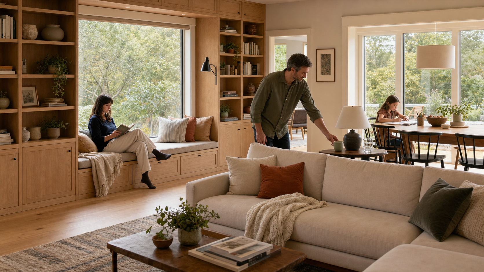 Family living room with fitted oak storage, a custom window bench, and movable ready-made seating and tables
