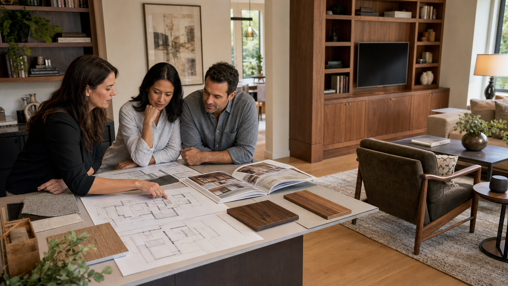 Interior designer and homeowners comparing custom built-ins with ready-made furniture in an American living room