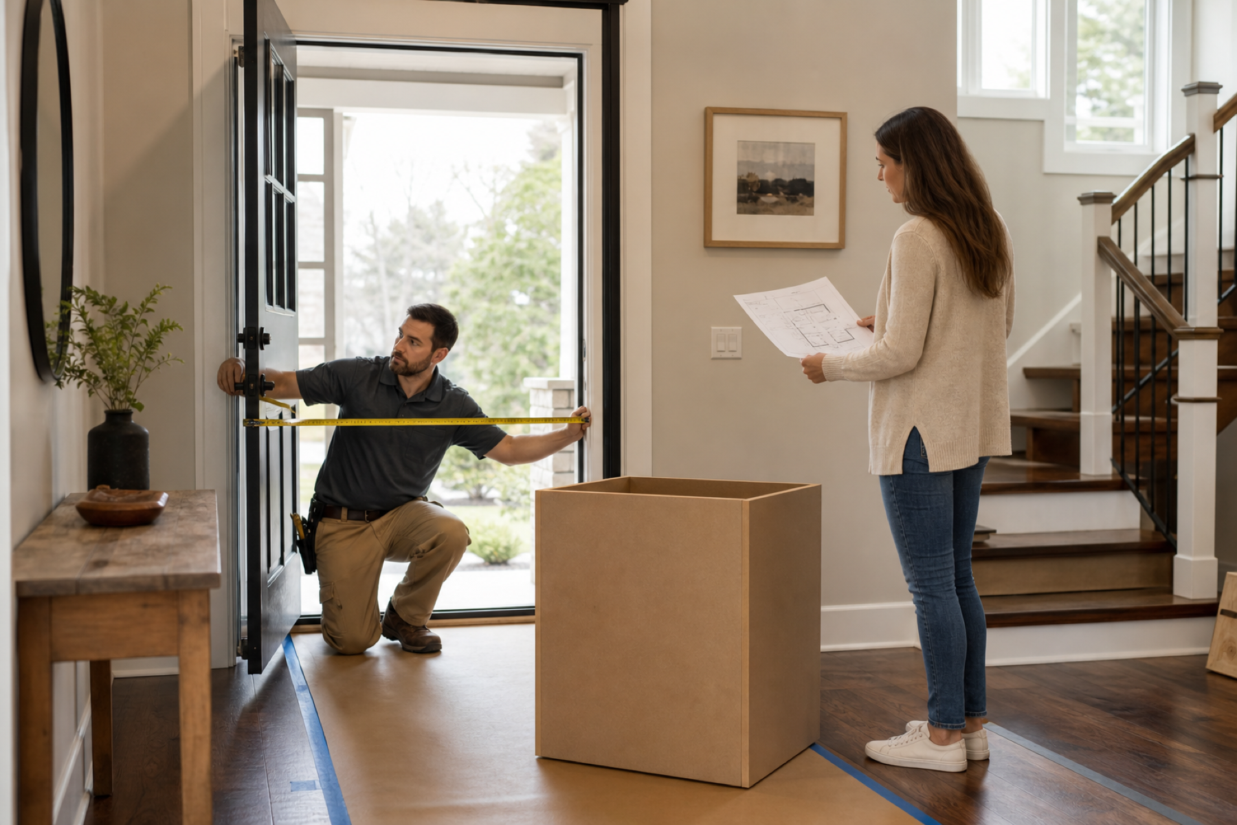Installer measuring an American home's front doorway while a homeowner checks a floor plan before custom furniture delivery
