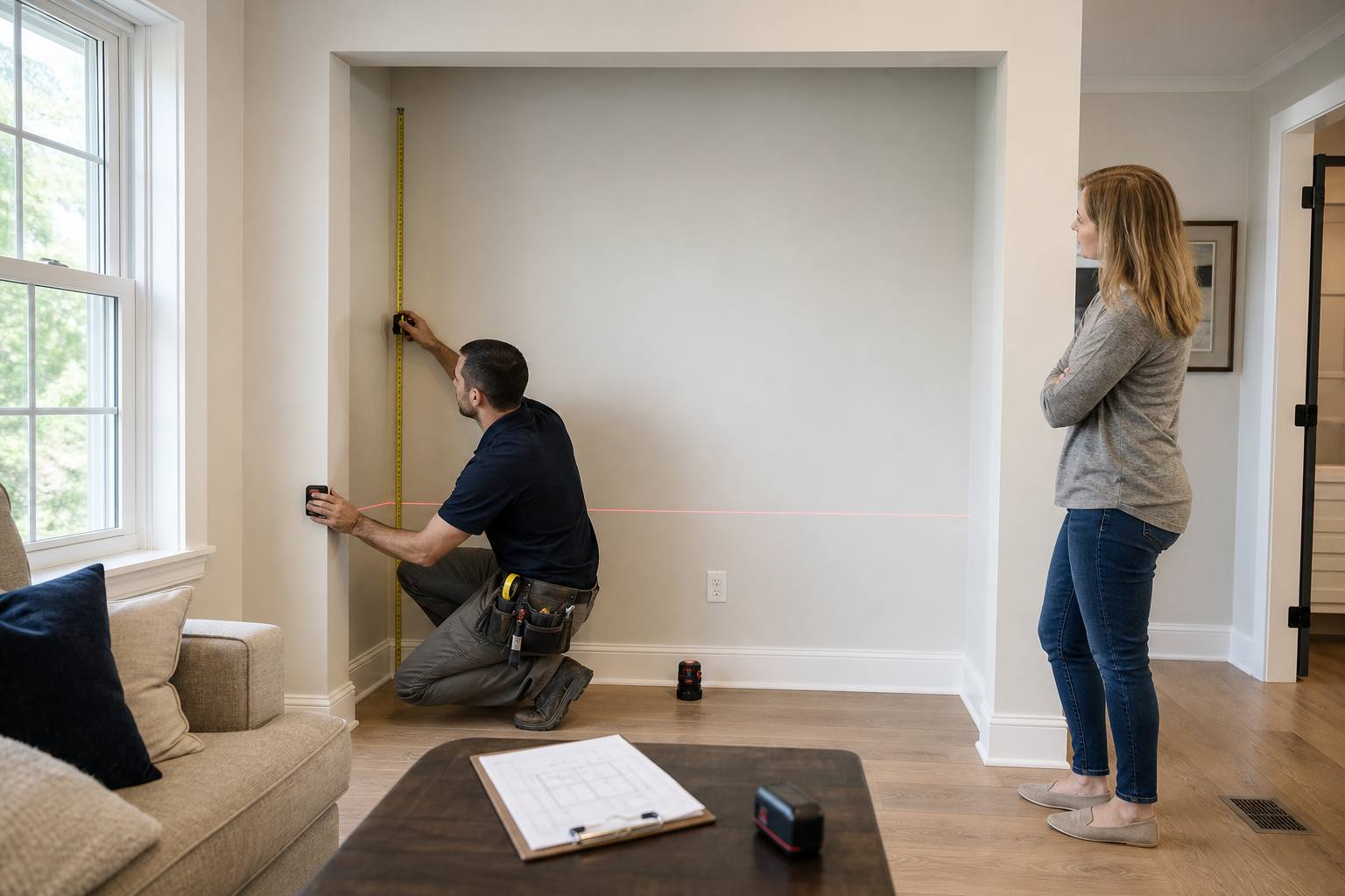 Installer measuring a living room alcove with a laser and tape before custom built-in production