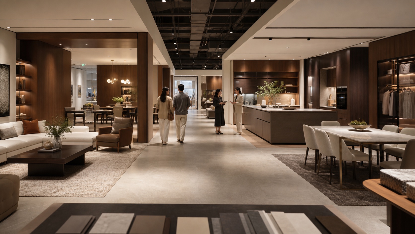 High-end furniture center with coordinated living room, kitchen, dining and wardrobe display zones