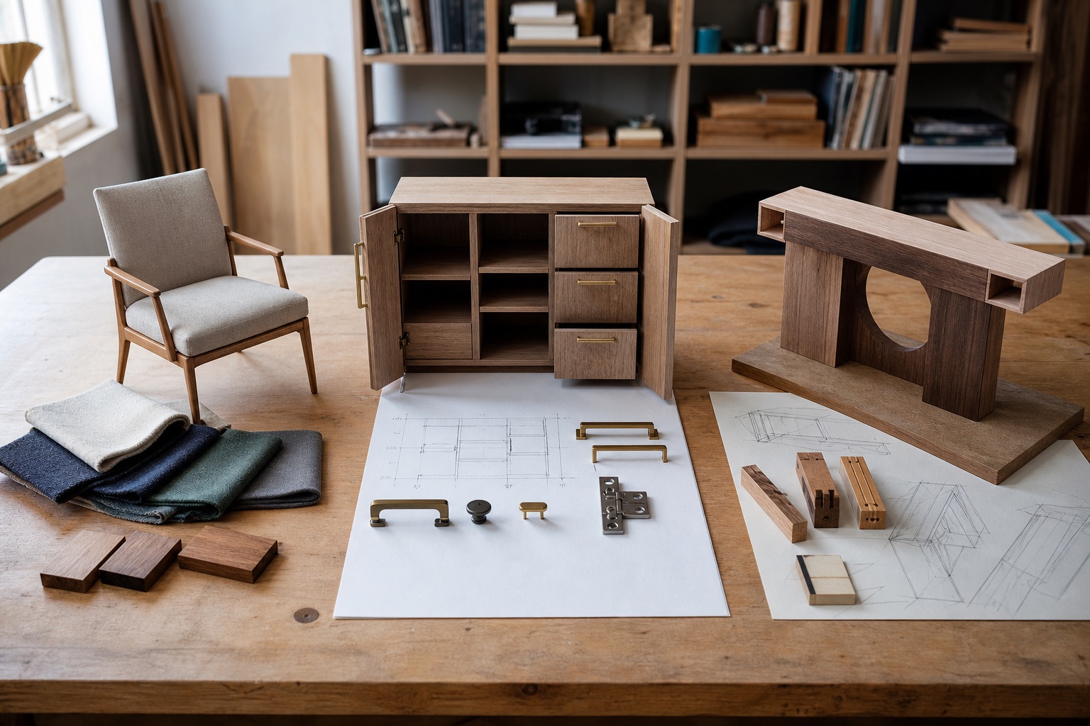 Chair fabric options, a dimension-adjusted cabinet layout and an original console model arranged on a design workbench