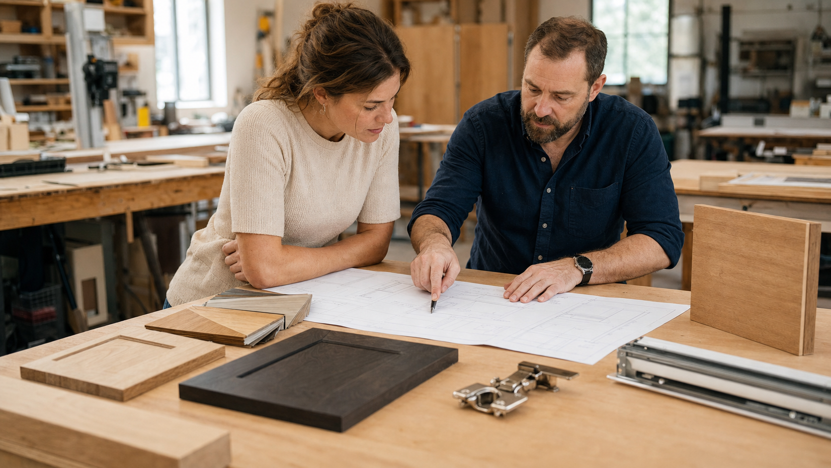 Project buyer and furniture specialist reviewing cabinet drawings, finish samples, hinges, and drawer hardware in a working furniture shop