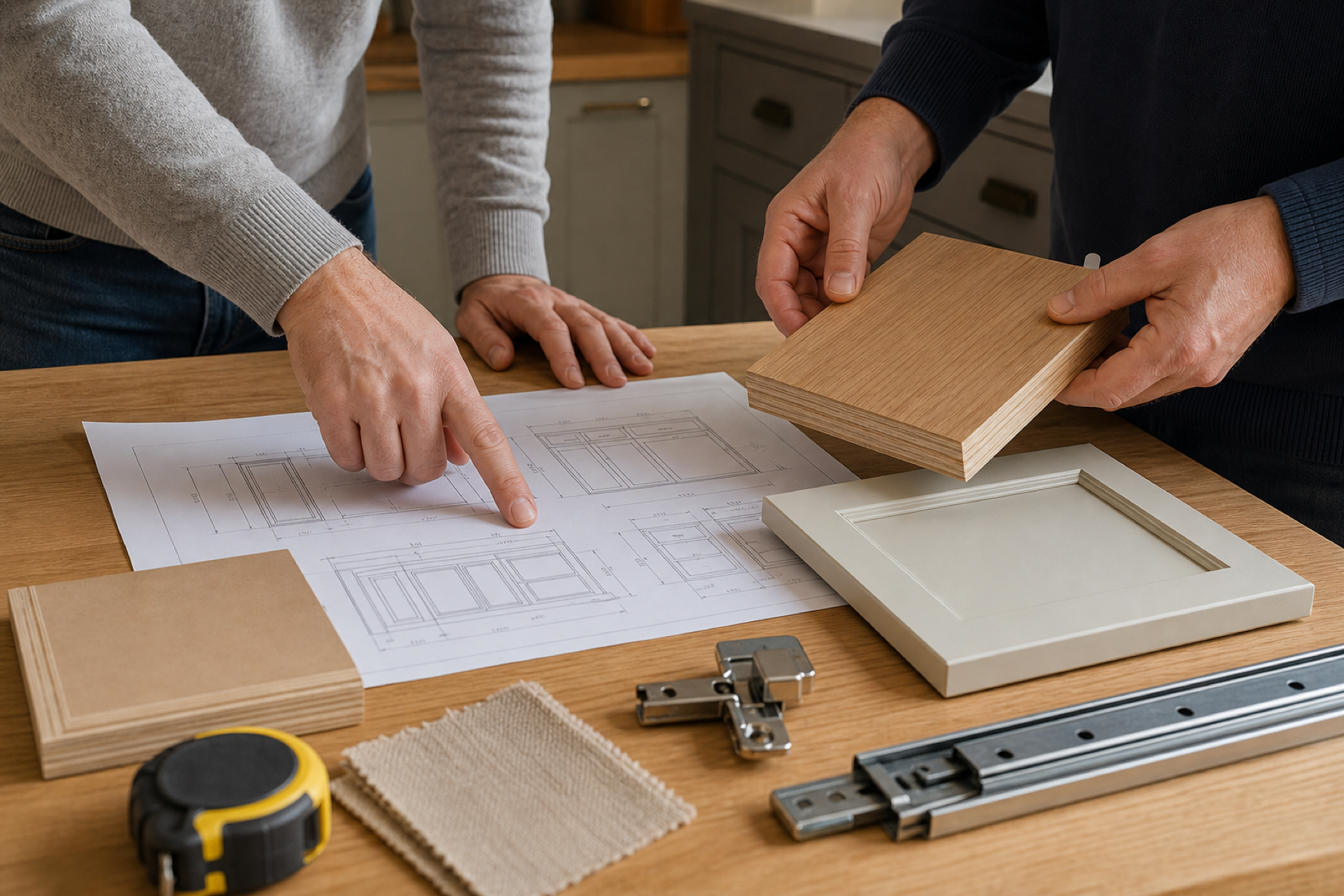 Two people comparing cabinet drawings, oak and painted panel samples, fabric, hinge, drawer slide, and dimensions before ordering custom furniture