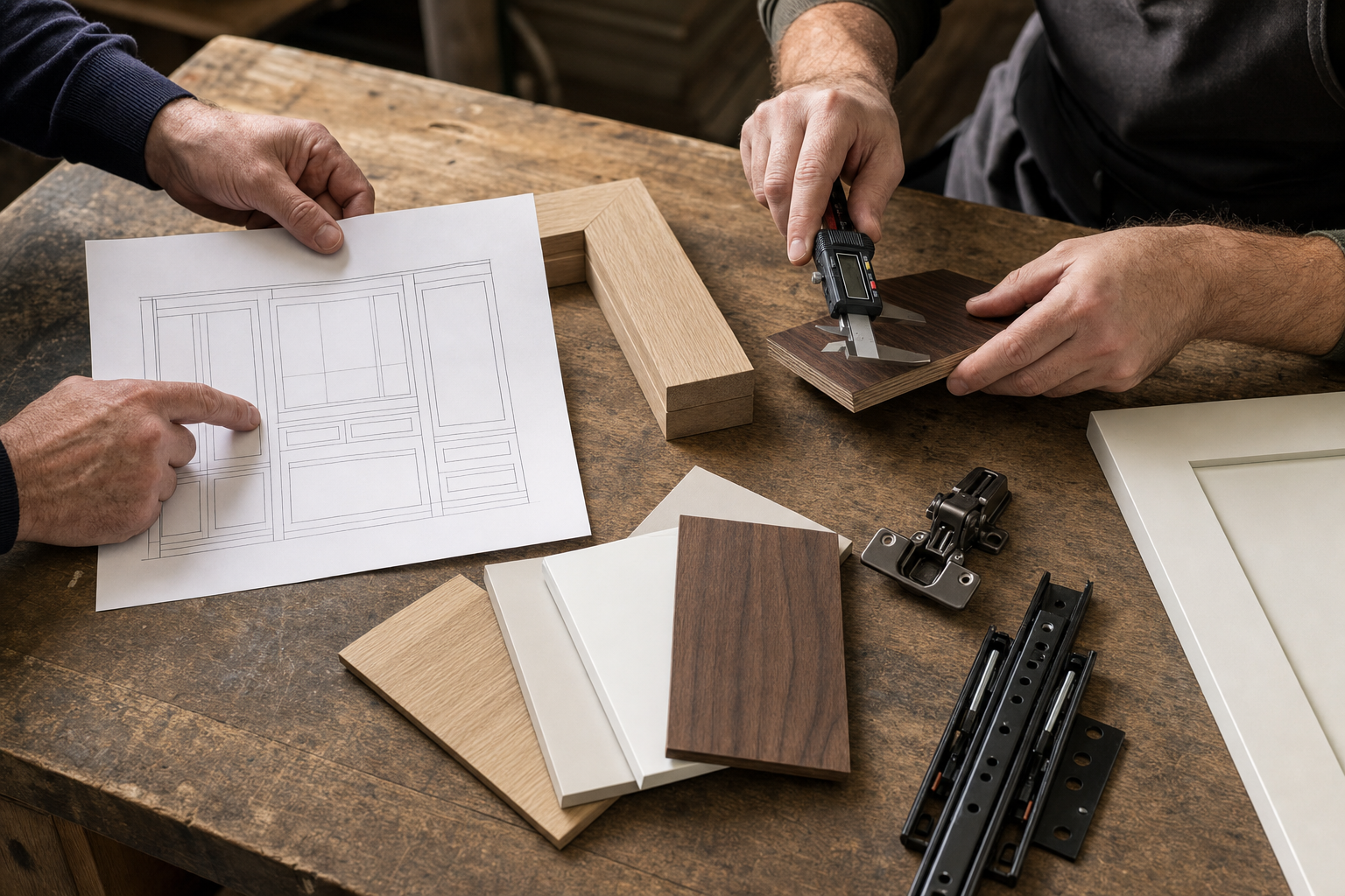 Hands comparing a cabinet drawing, wood and painted finish samples, joinery, hinges, drawer slides, and a measured panel edge