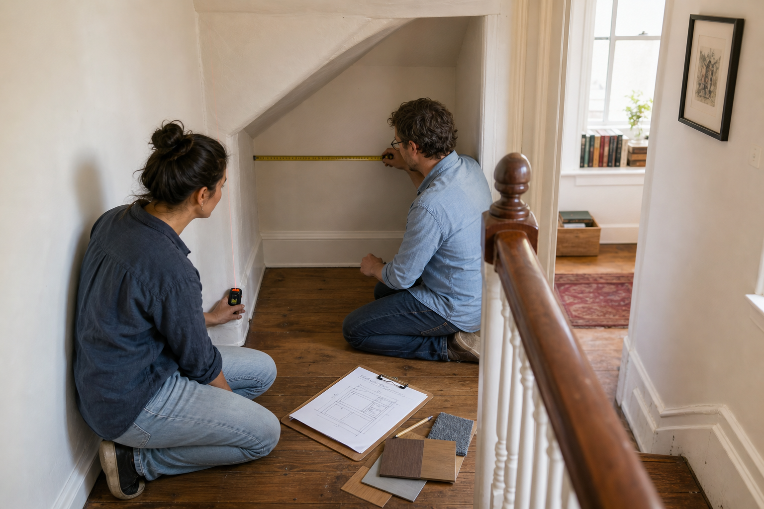 Designer and homeowner measuring a sloped alcove to plan made-to-fit storage