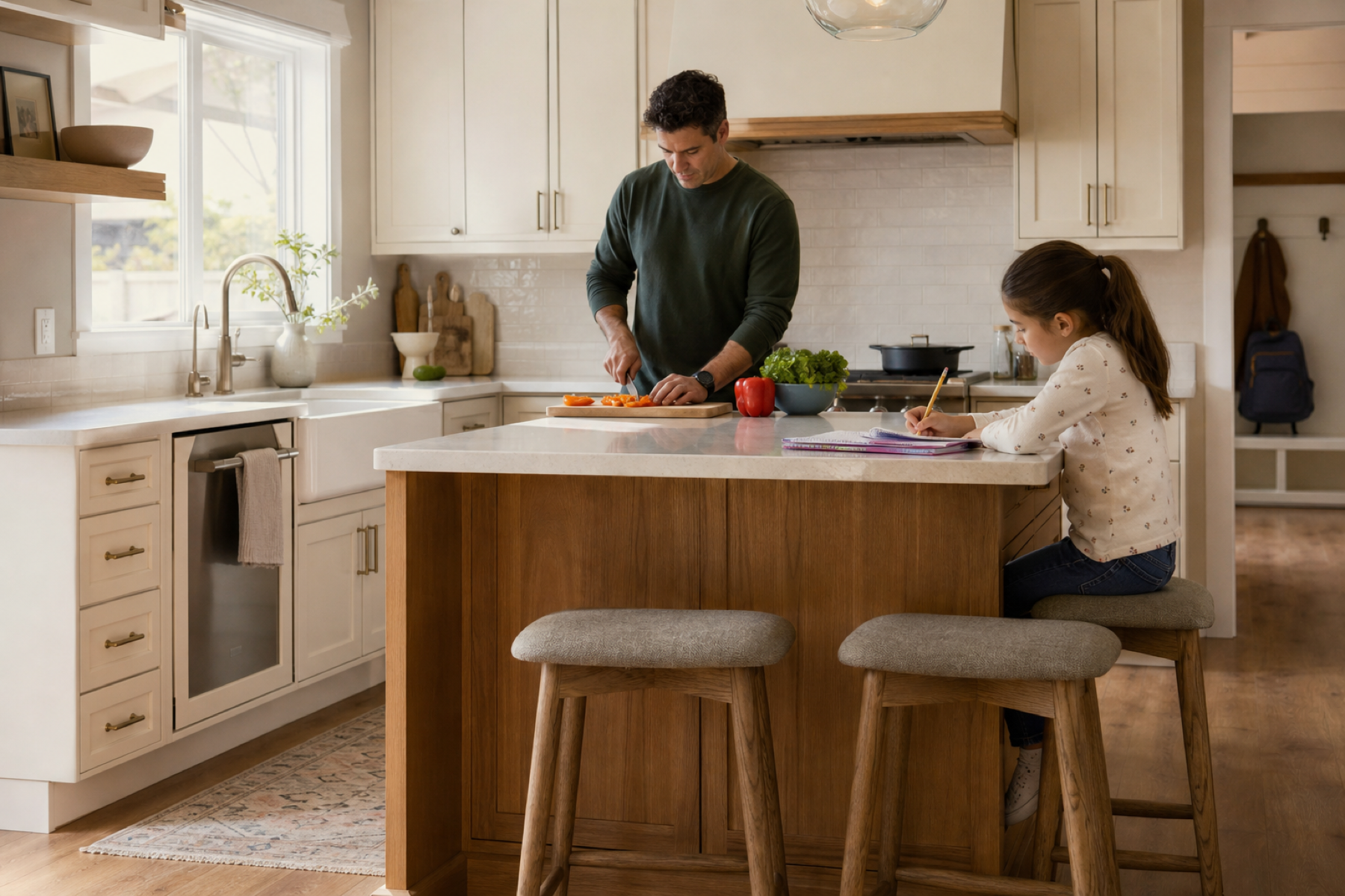 American family kitchen with painted cabinet fronts, a wood veneer island, pale worktops, and metal hardware in everyday use