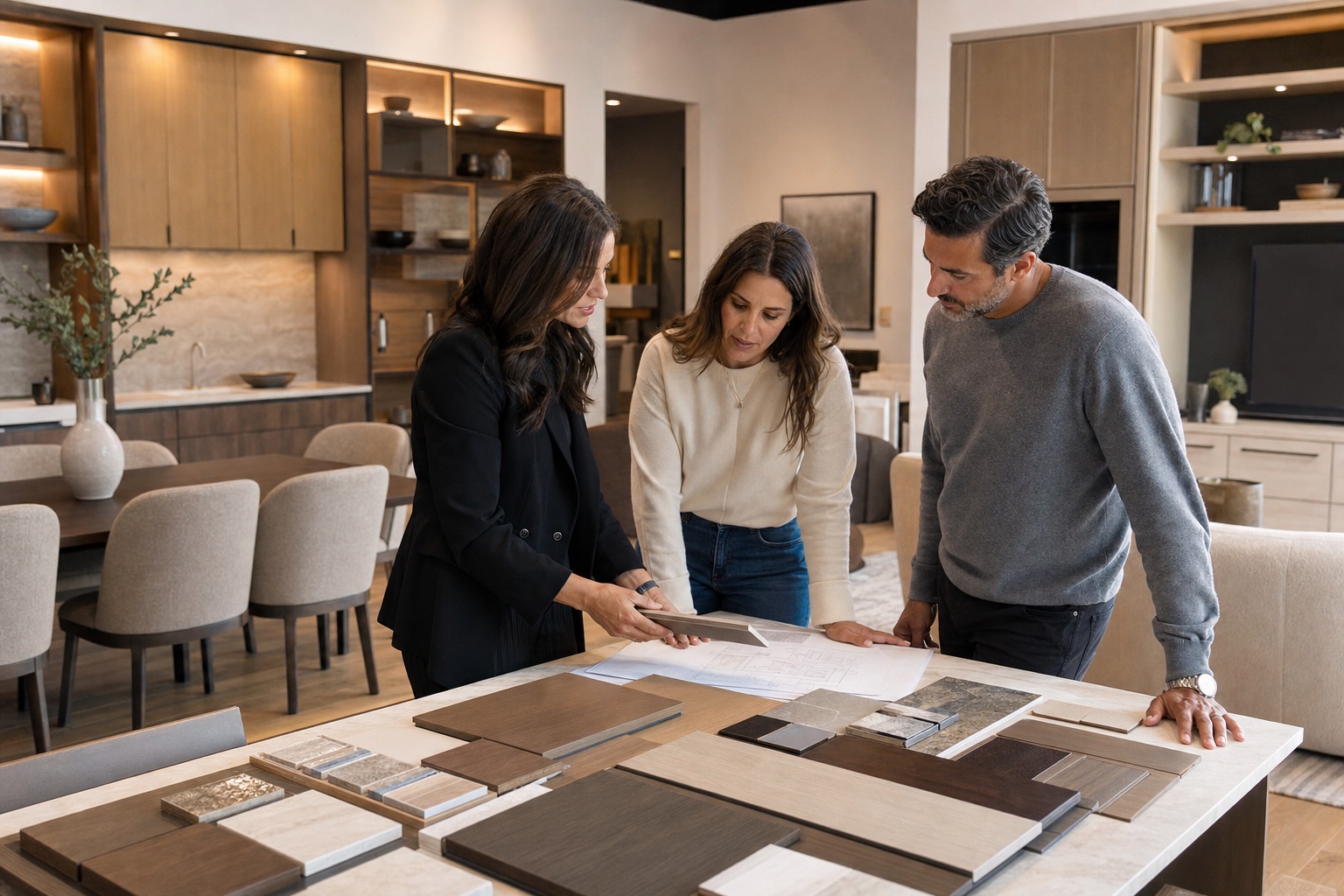 Interior consultant and homeowners reviewing cabinet finishes, material samples and a floor plan in a whole-home showroom