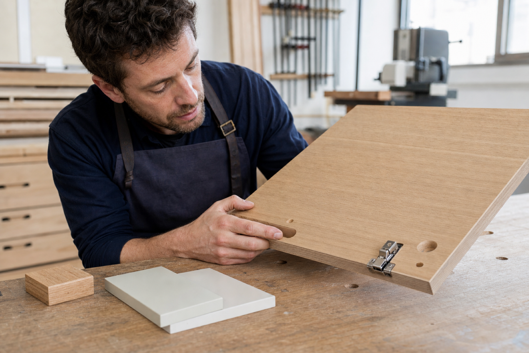 Cabinetmaker inspecting a veneered plywood panel edge, joinery, and concealed hinge preparation in a furniture workshop