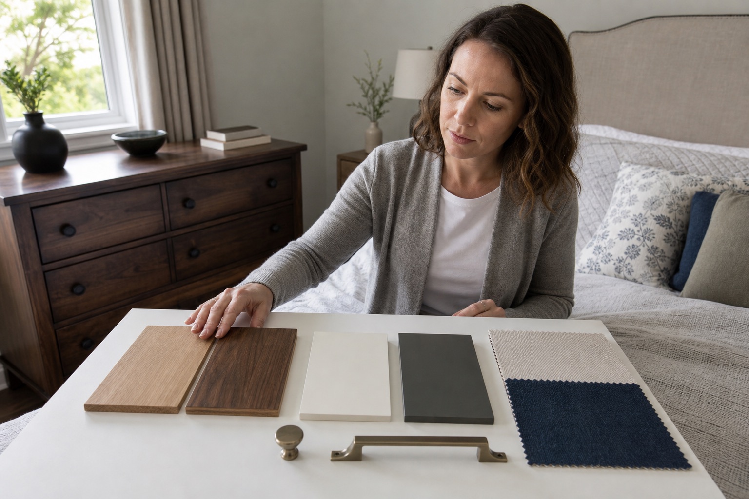 Woman comparing wood, paint, hardware, and fabric samples beside bedroom furniture