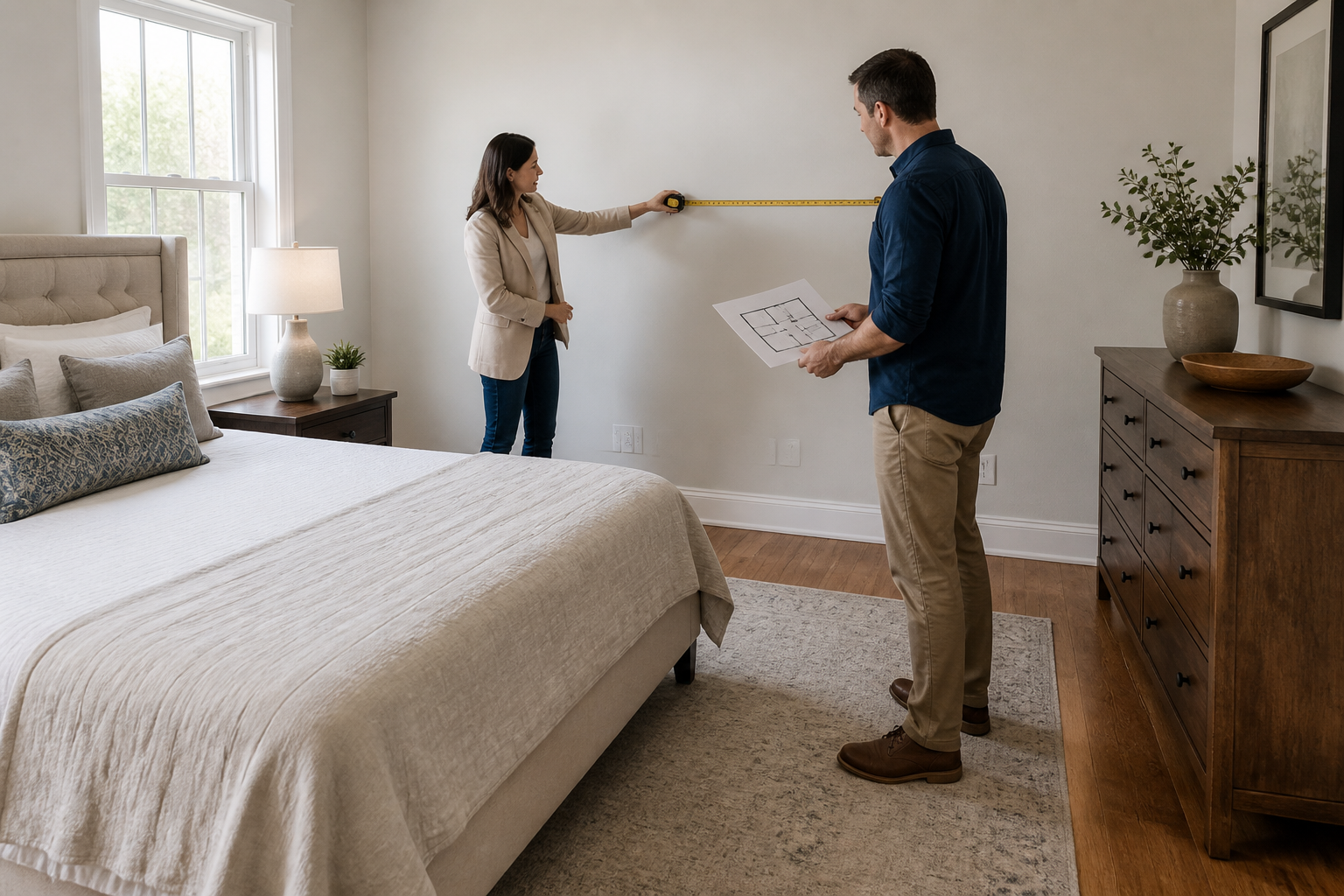 Homeowner and interior designer measuring a bed wall in an American primary bedroom