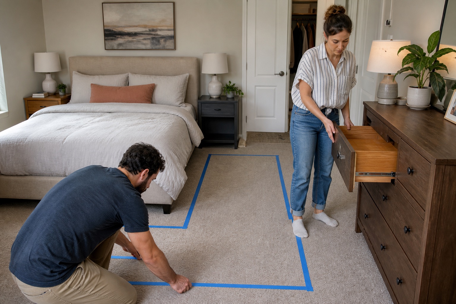 Couple testing bedroom walkway clearance with blue tape and an open dresser drawer