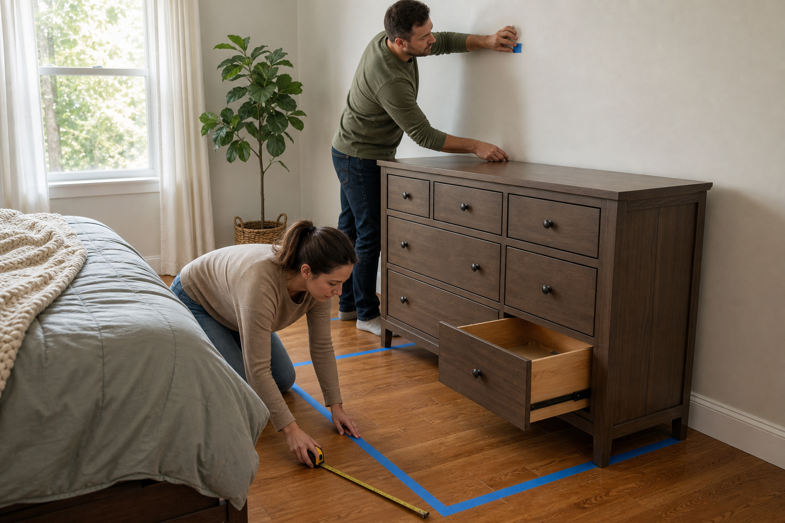 Two adults measuring dresser clearance and checking an anchoring point beside a bed