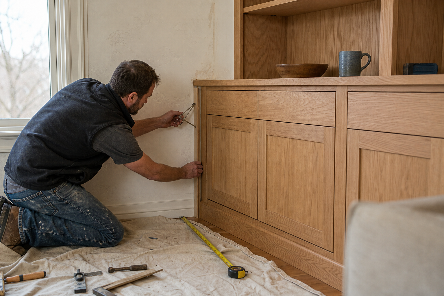 Installer scribing an oak built-in cabinet to an uneven wall with the floor protected during fitting