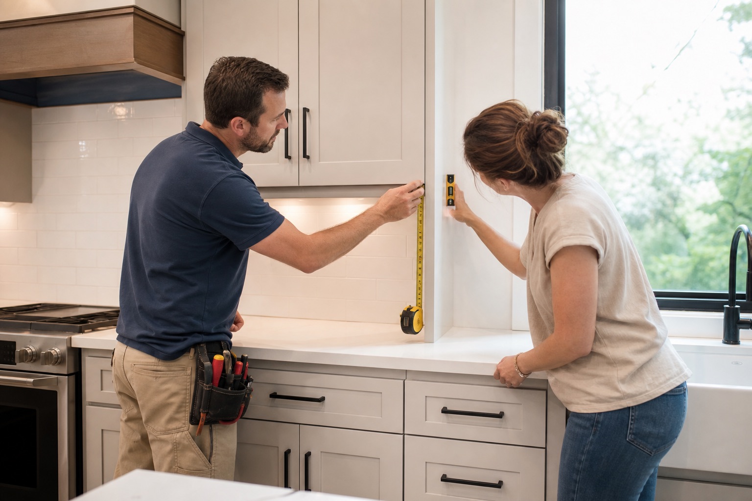 Installer checking custom kitchen cabinet alignment, fillers and installation measurements