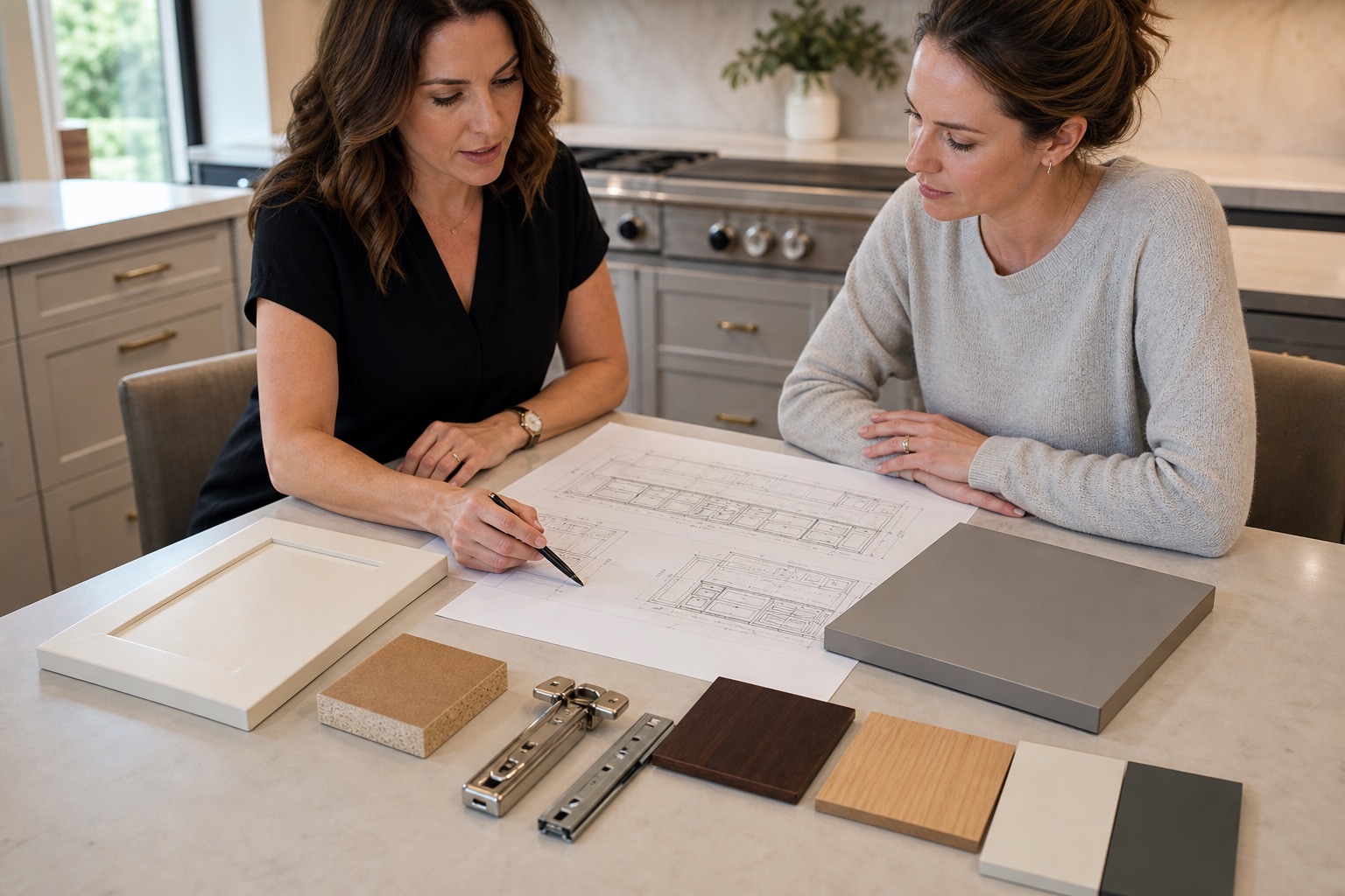 Custom kitchen cabinet drawings, door samples, hardware and finish options used to compare quotes