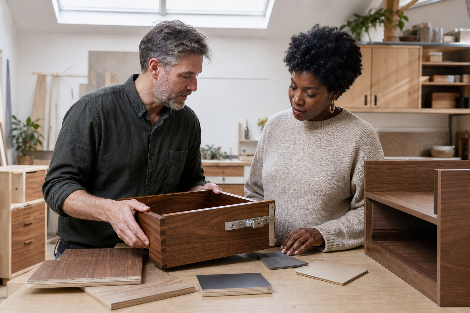 A furniture maker and homeowner examining drawer joinery, hardware, and material samples