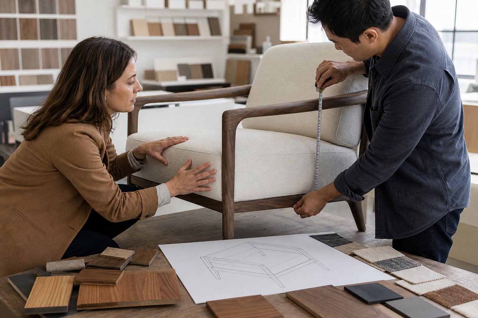 Product buyer and furniture engineer measuring an upholstered lounge chair sample before batch production