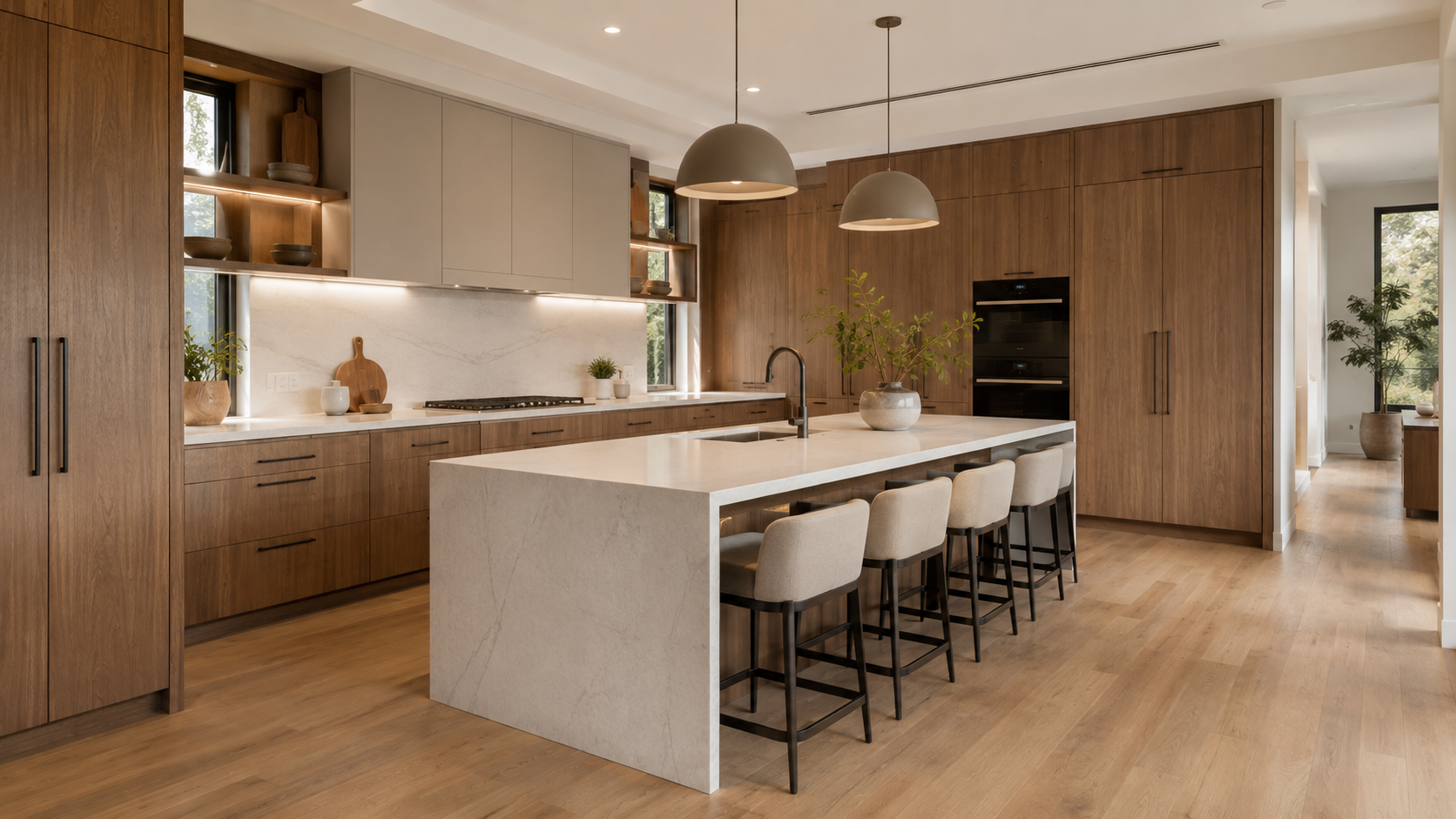 Walnut custom kitchen cabinets with a waterfall island