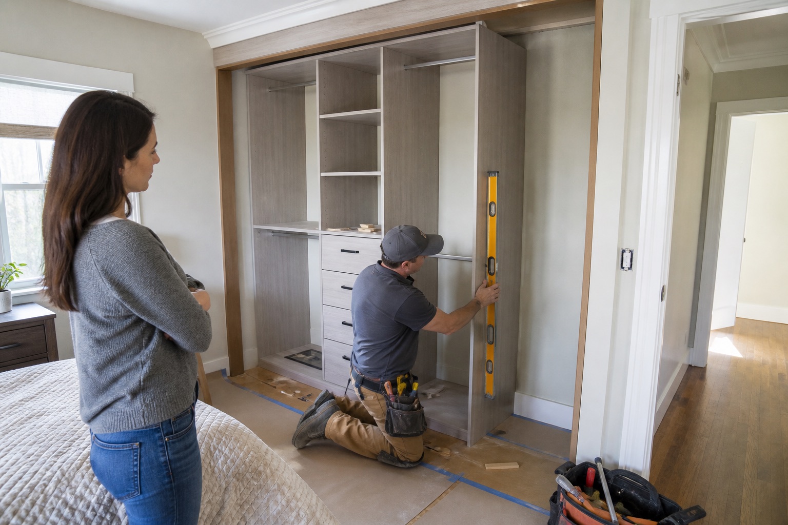 Installer leveling a fitted wardrobe cabinet while the homeowner reviews the work