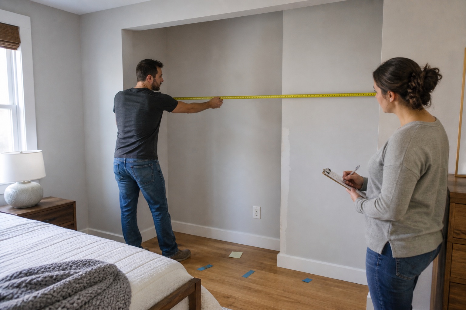 Homeowners measuring the width of a bedroom recess before ordering a custom wardrobe