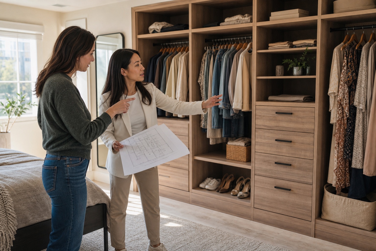 Homeowner and wardrobe designer reviewing a fitted wardrobe layout in a bright American bedroom