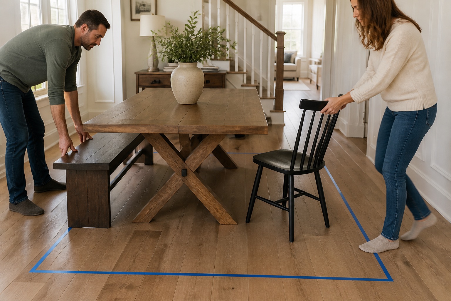 Two adults moving a dining bench and chair inside a painter tape clearance zone