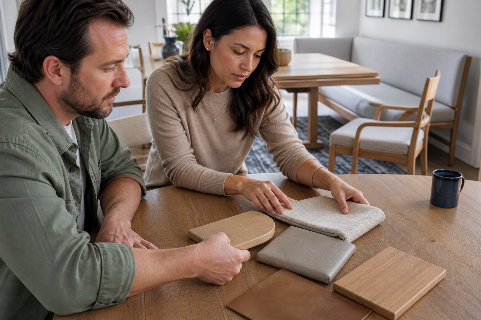 Parent and designer reviewing wood upholstery and rounded-edge samples for dining seating
