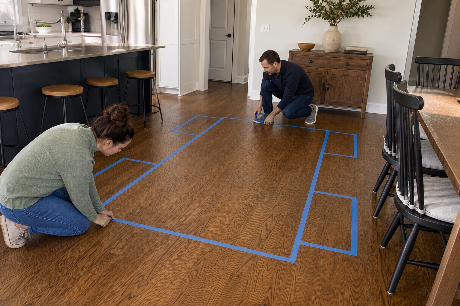 Two adults marking dining-table and chair footprints with blue painter tape in an open-plan home