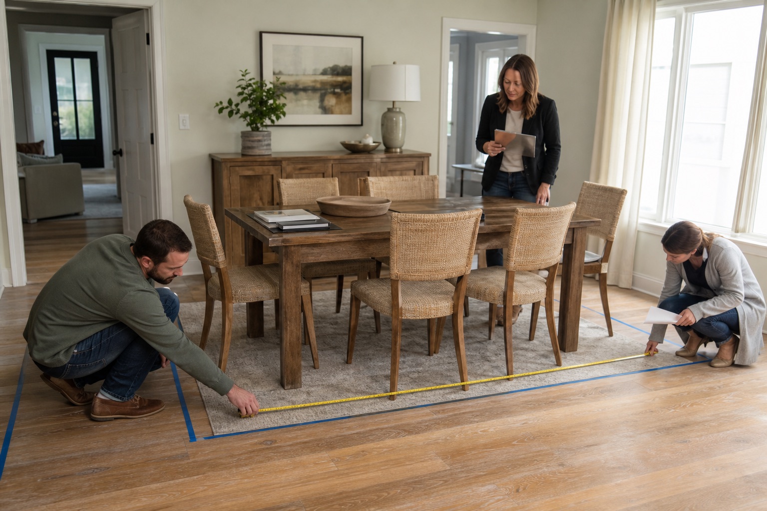 Homeowner couple and interior designer measuring clearance around a six-seat dining table in a U.S. home