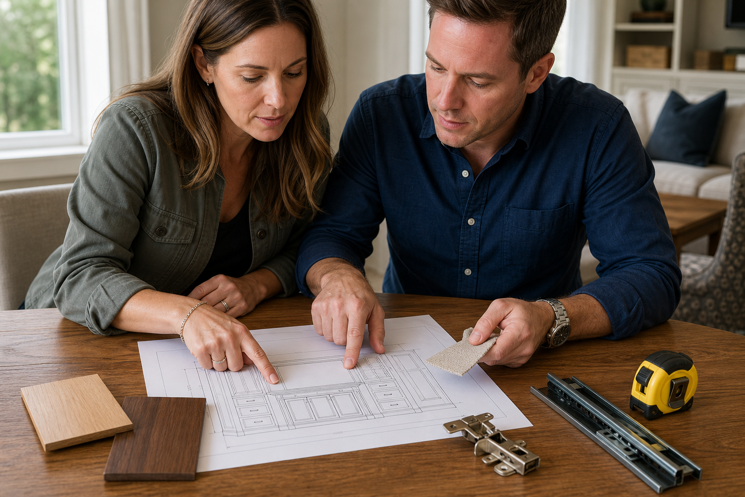 Homeowner and designer comparing a cabinet elevation with wood, fabric, hinge, and drawer-slide samples