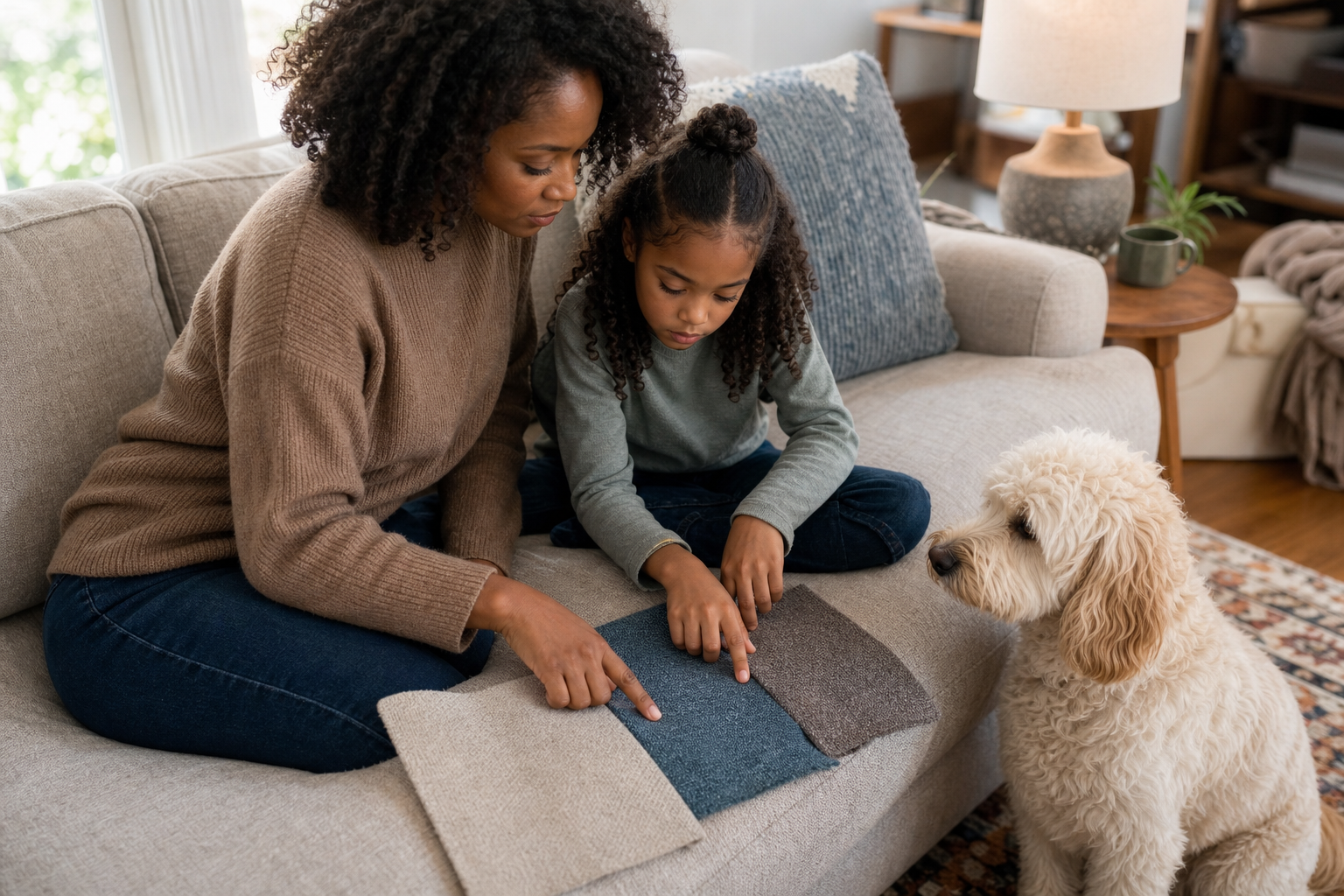 Family comparing practical fabric sofa upholstery swatches
