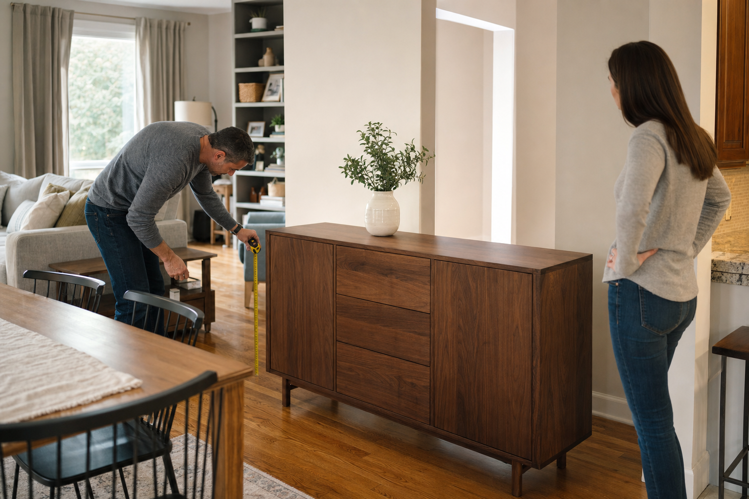 Couple measuring walking clearance around a movable walnut sideboard in an American dining area
