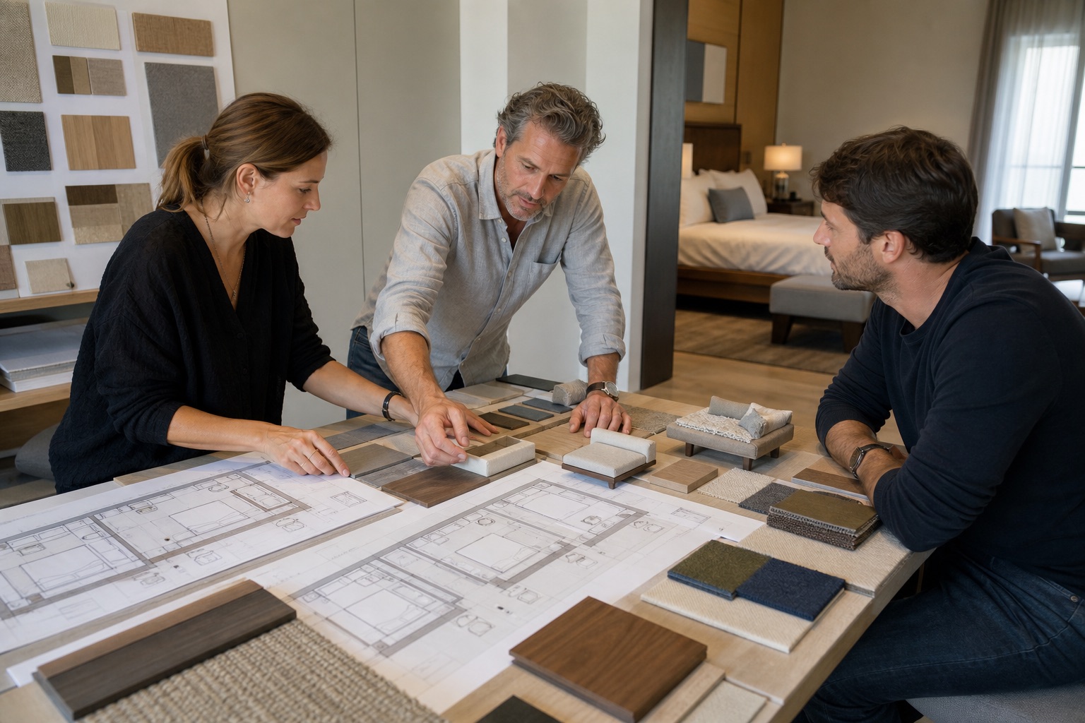 Three hospitality professionals comparing bedroom layouts, furniture blocks, and finish samples