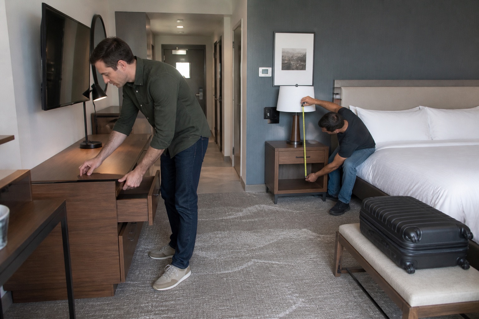 Two project professionals testing desk drawers and nightstand clearance in a hotel mock-up room