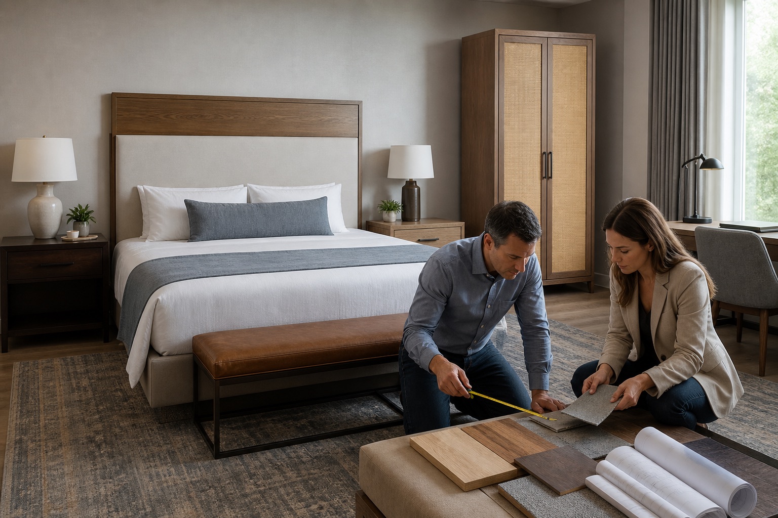 Hospitality designer and procurement manager reviewing a coordinated guest-room furniture package