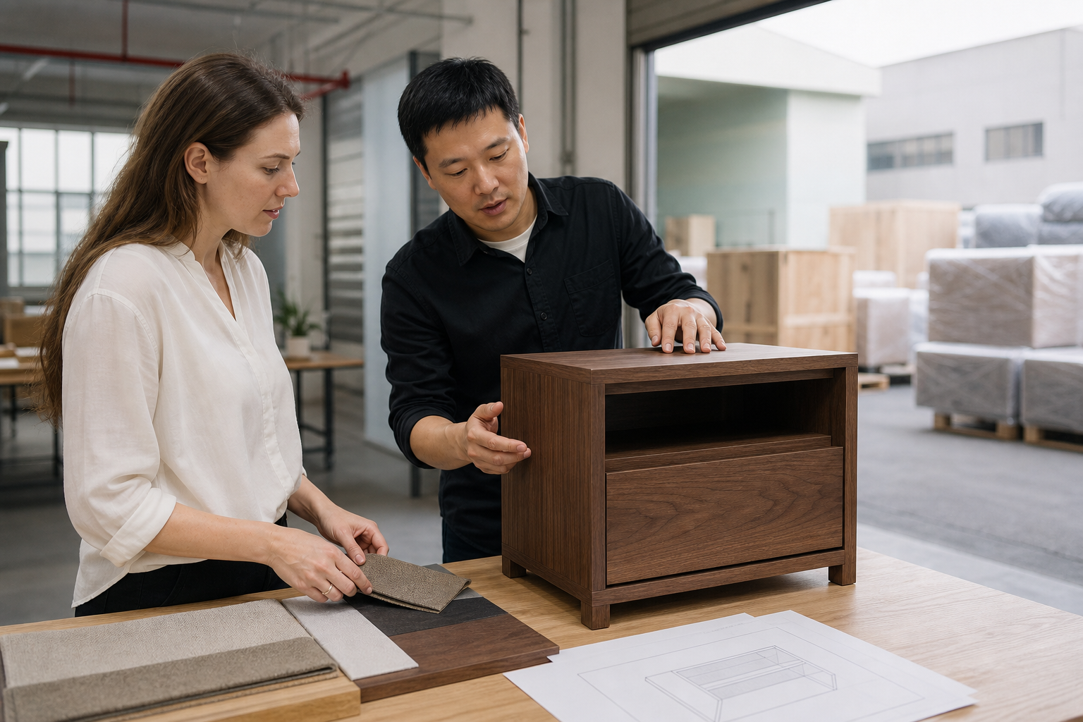 U.S. buyer and furniture production coordinator reviewing a walnut cabinet sample and shipment materials