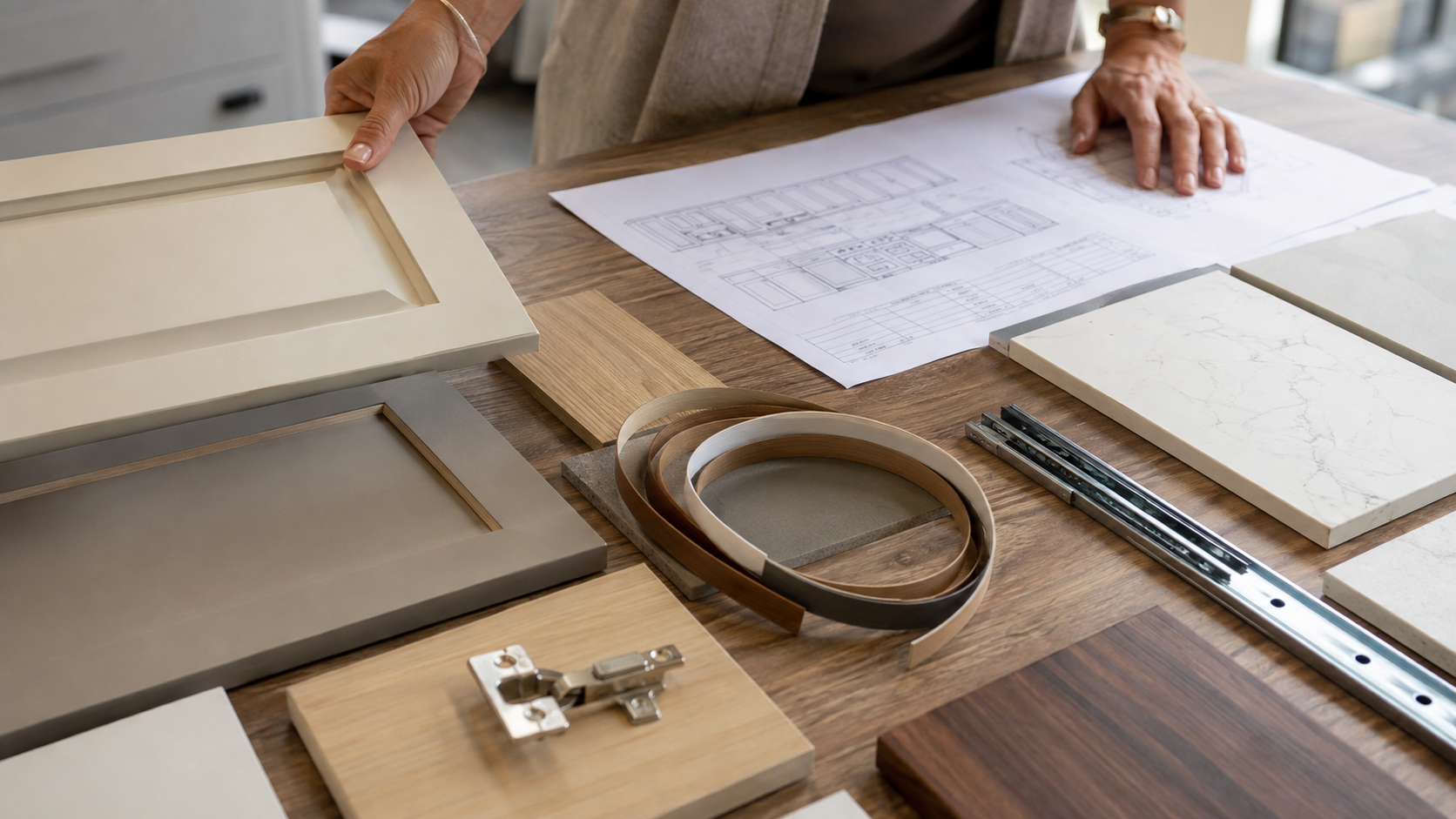 Cabinet door edge banding hardware and countertop samples