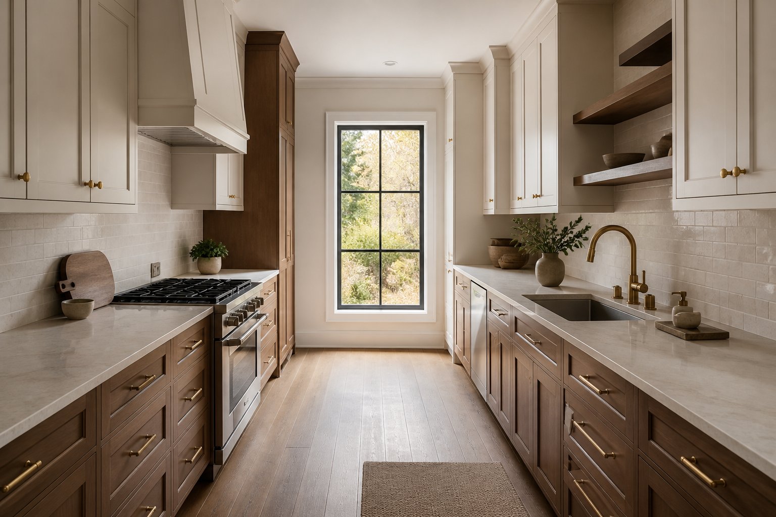 Two parallel custom cabinet runs in a galley kitchen