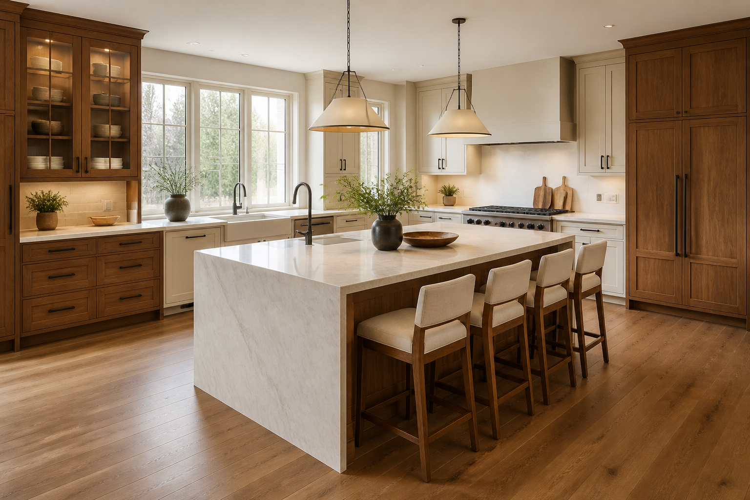 Custom kitchen arranged around a freestanding central island
