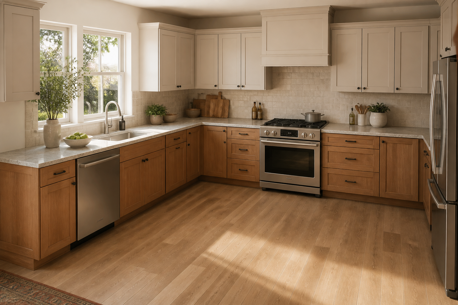 Warm custom cabinetry arranged in an L-shaped kitchen